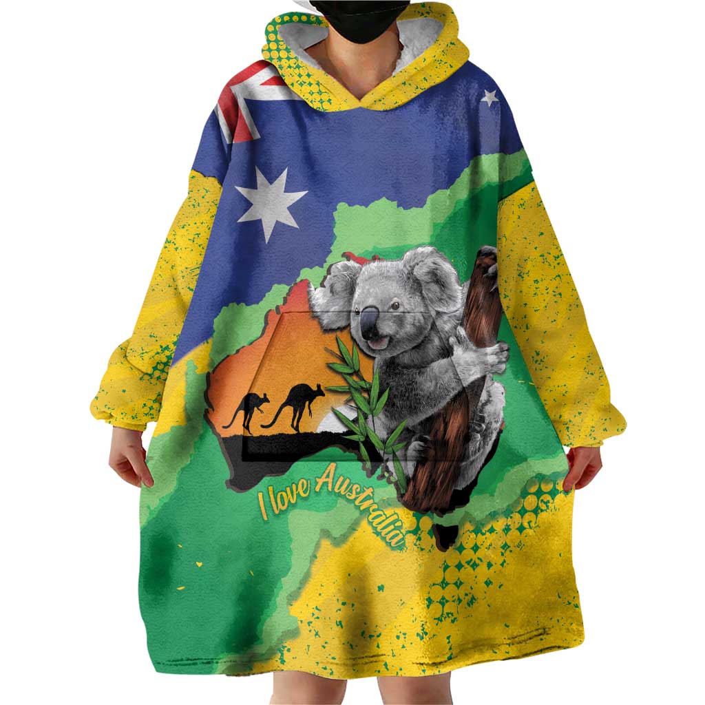 Koala Australia Personalised Wearable Blanket Hoodie Aussie Map National Color Grunge Pattern