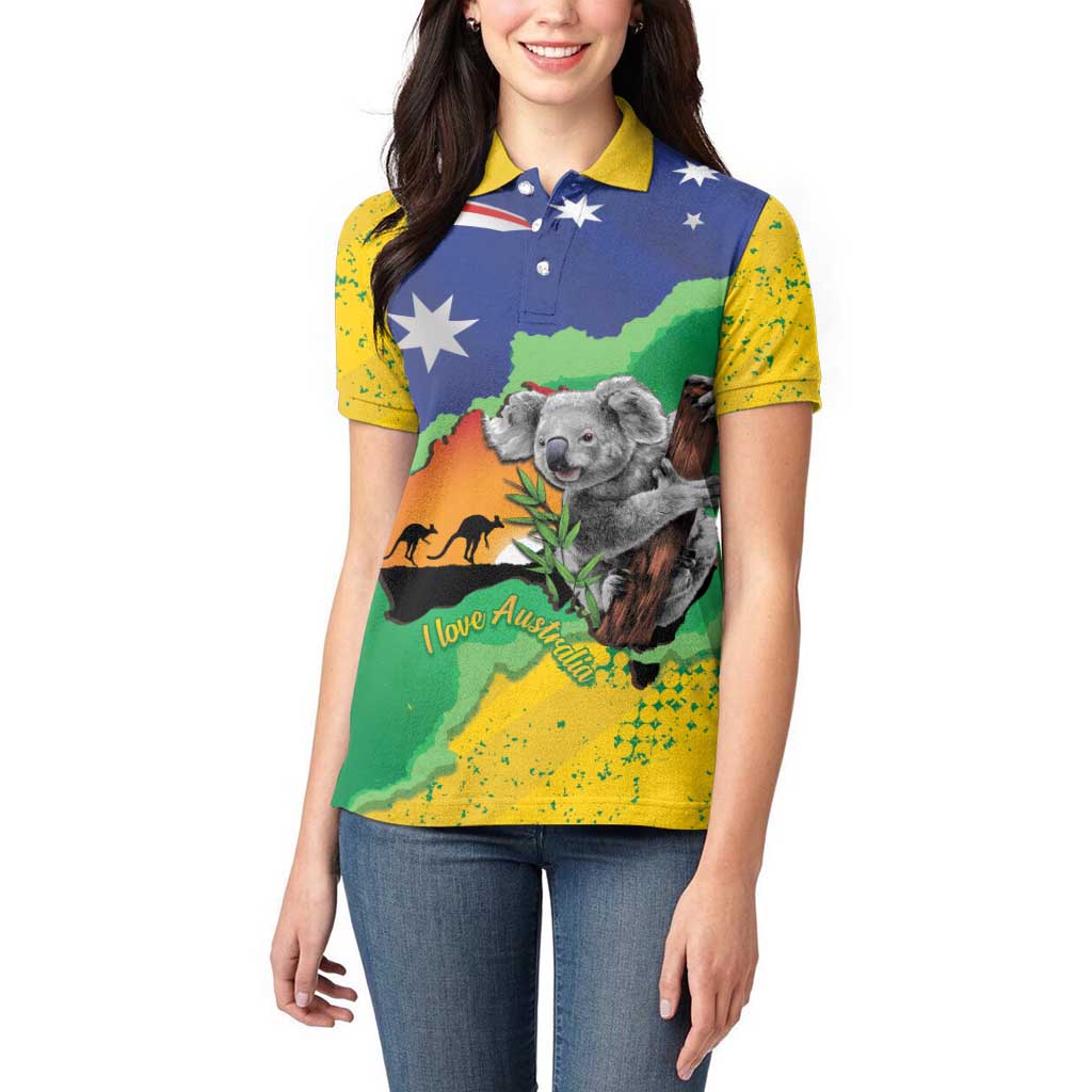 Koala Australia Personalised Women Polo Shirt Aussie Map National Color Grunge Pattern