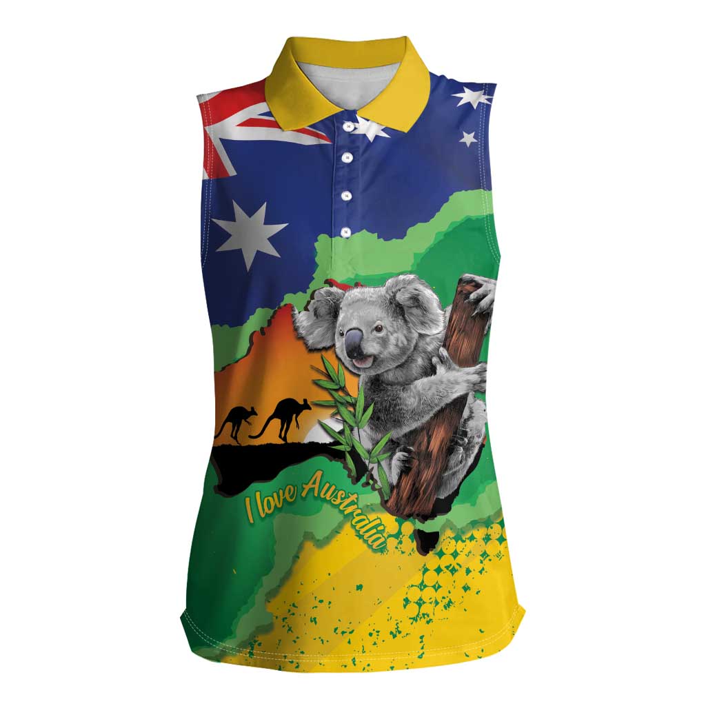 Koala Australia Personalised Women Sleeveless Polo Shirt Aussie Map National Color Grunge Pattern