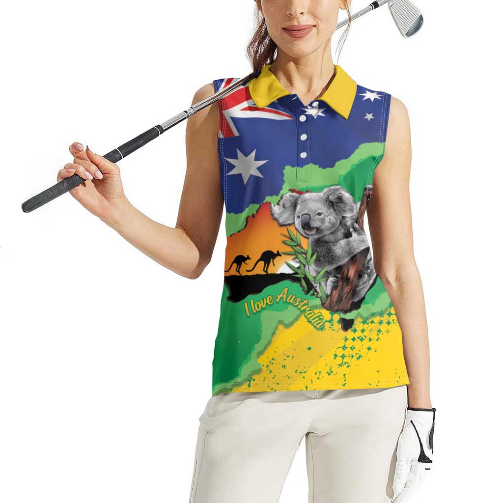 Koala Australia Personalised Women Sleeveless Polo Shirt Aussie Map National Color Grunge Pattern