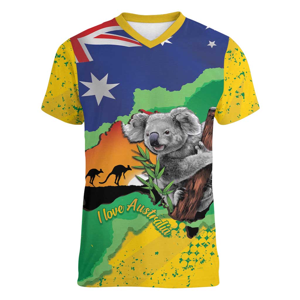 Koala Australia Personalised Women V-Neck T-Shirt Aussie Map National Color Grunge Pattern