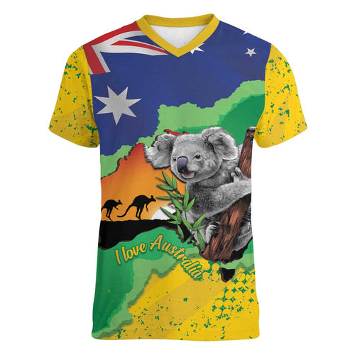Koala Australia Personalised Women V-Neck T-Shirt Aussie Map National Color Grunge Pattern