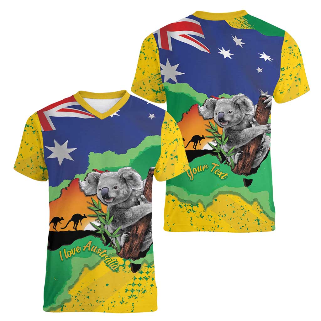 Koala Australia Personalised Women V-Neck T-Shirt Aussie Map National Color Grunge Pattern