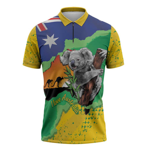 Koala Australia Personalised Zipper Polo Shirt Aussie Map National Color Grunge Pattern