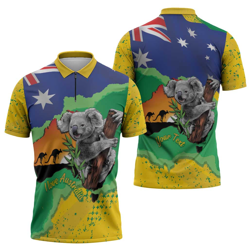 Koala Australia Personalised Zipper Polo Shirt Aussie Map National Color Grunge Pattern