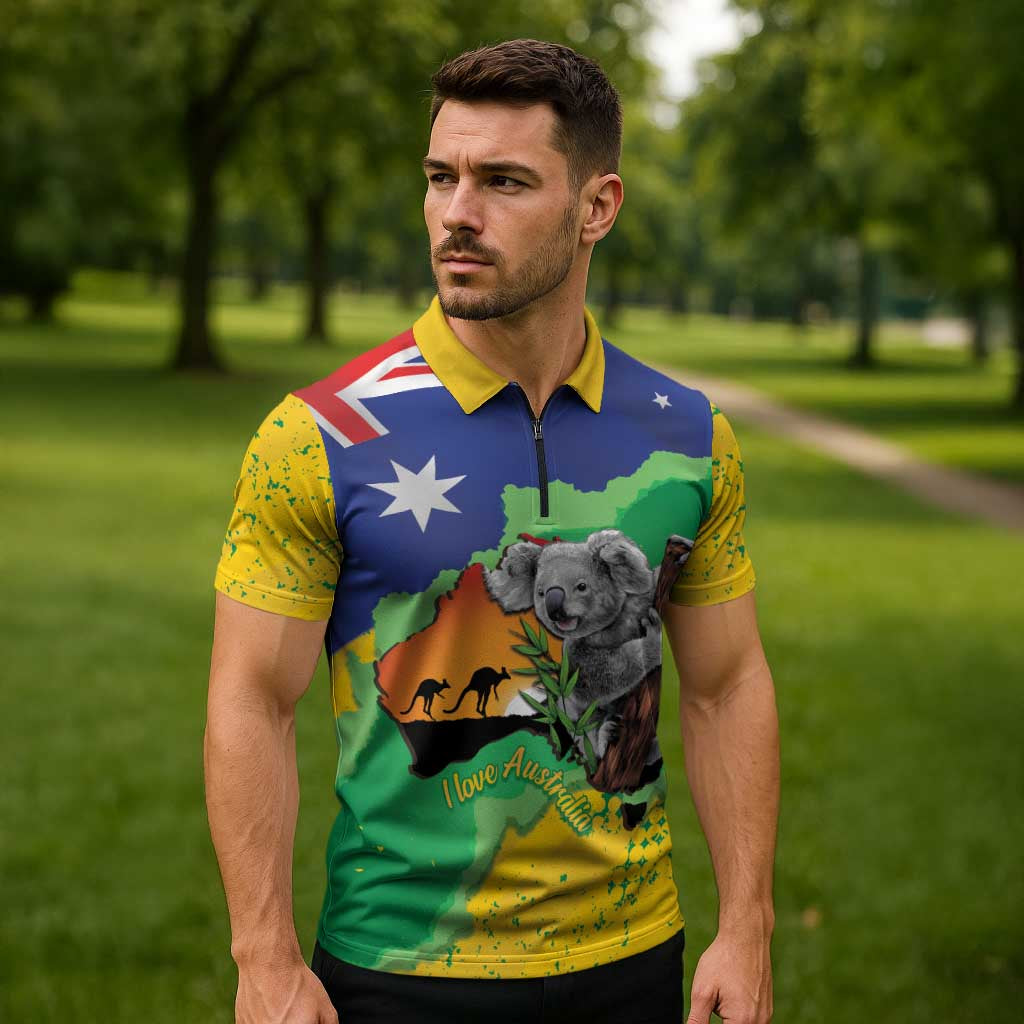 Koala Australia Personalised Zipper Polo Shirt Aussie Map National Color Grunge Pattern