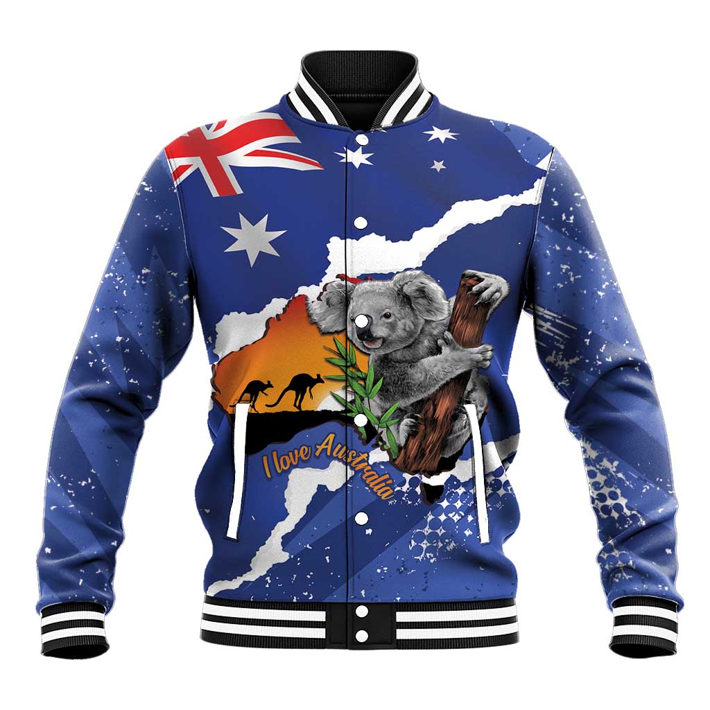 Koala Australia Personalised Baseball Jacket Aussie Map Flag Color Grunge Pattern