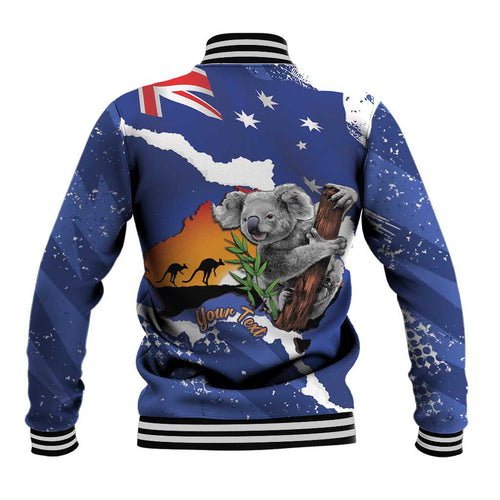Koala Australia Personalised Baseball Jacket Aussie Map Flag Color Grunge Pattern