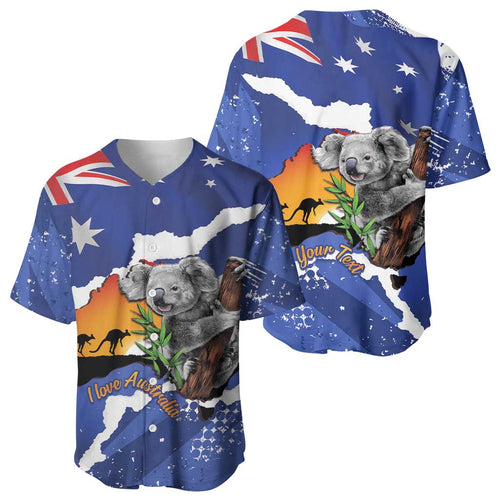 Koala Australia Personalised Baseball Jersey Aussie Map Flag Color Grunge Pattern