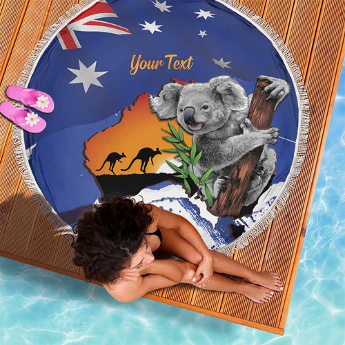 Koala Australia Personalised Beach Blanket Aussie Map Flag Color Grunge Pattern