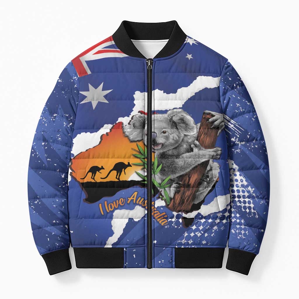 Koala Australia Personalised Bomber Puffer Jacket Aussie Map Flag Color Grunge Pattern