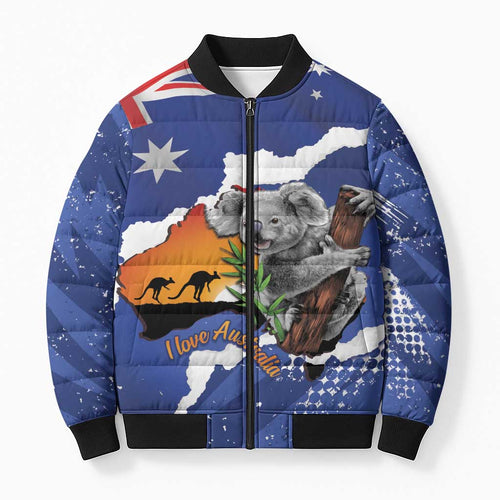 Koala Australia Personalised Bomber Puffer Jacket Aussie Map Flag Color Grunge Pattern