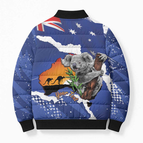 Koala Australia Personalised Bomber Puffer Jacket Aussie Map Flag Color Grunge Pattern