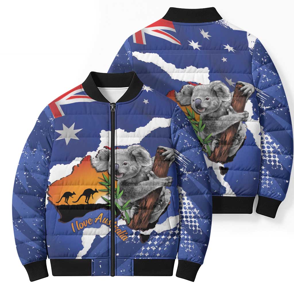 Koala Australia Personalised Bomber Puffer Jacket Aussie Map Flag Color Grunge Pattern