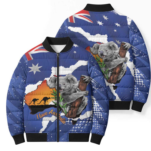 Koala Australia Personalised Bomber Puffer Jacket Aussie Map Flag Color Grunge Pattern