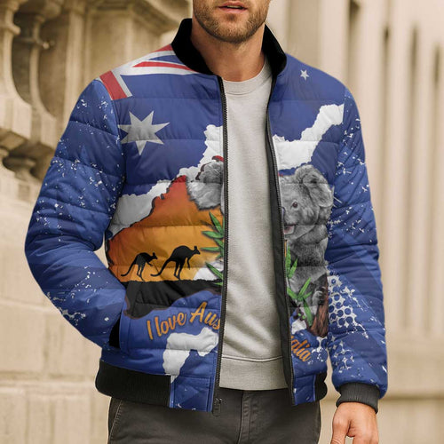Koala Australia Personalised Bomber Puffer Jacket Aussie Map Flag Color Grunge Pattern