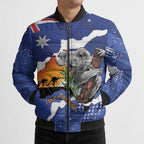 Koala Australia Personalised Bomber Puffer Jacket Aussie Map Flag Color Grunge Pattern