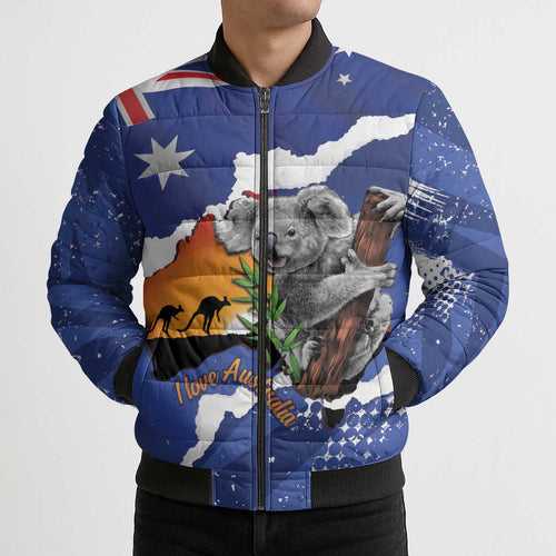 Koala Australia Personalised Bomber Puffer Jacket Aussie Map Flag Color Grunge Pattern
