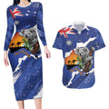 Koala Australia Personalised Couples Matching Long Sleeve Bodycon Dress and Hawaiian Shirt Aussie Map Flag Color Grunge Pattern