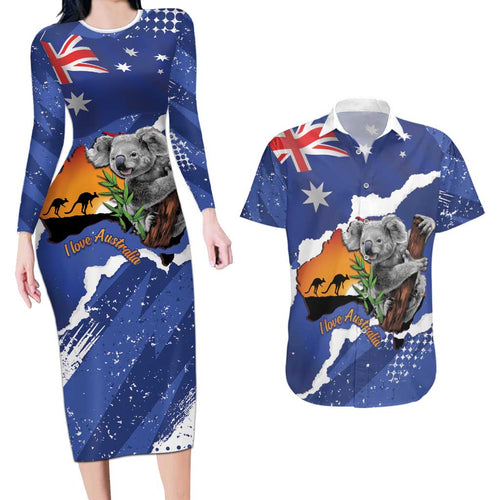 Koala Australia Personalised Couples Matching Long Sleeve Bodycon Dress and Hawaiian Shirt Aussie Map Flag Color Grunge Pattern