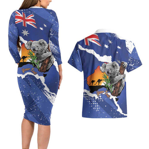 Koala Australia Personalised Couples Matching Long Sleeve Bodycon Dress and Hawaiian Shirt Aussie Map Flag Color Grunge Pattern