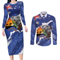 Koala Australia Personalised Couples Matching Long Sleeve Bodycon Dress and Long Sleeve Button Shirt Aussie Map Flag Color Grunge Pattern