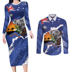 Koala Australia Personalised Couples Matching Long Sleeve Bodycon Dress and Long Sleeve Button Shirt Aussie Map Flag Color Grunge Pattern