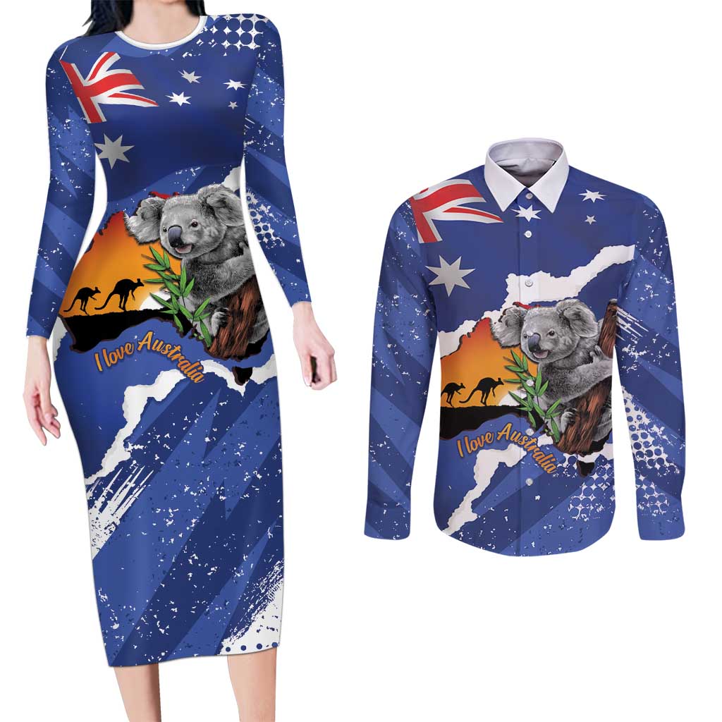 Koala Australia Personalised Couples Matching Long Sleeve Bodycon Dress and Long Sleeve Button Shirt Aussie Map Flag Color Grunge Pattern