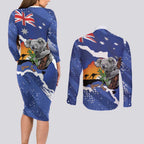 Koala Australia Personalised Couples Matching Long Sleeve Bodycon Dress and Long Sleeve Button Shirt Aussie Map Flag Color Grunge Pattern