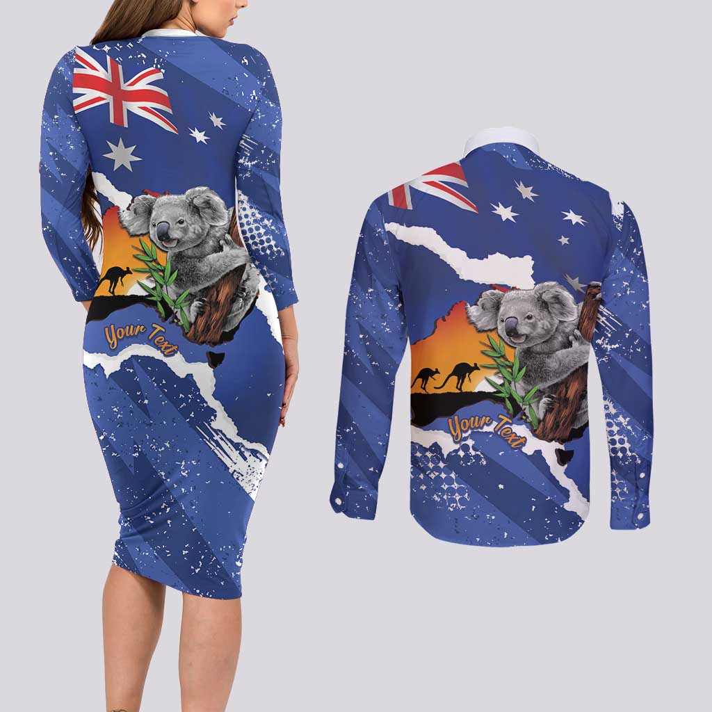 Koala Australia Personalised Couples Matching Long Sleeve Bodycon Dress and Long Sleeve Button Shirt Aussie Map Flag Color Grunge Pattern