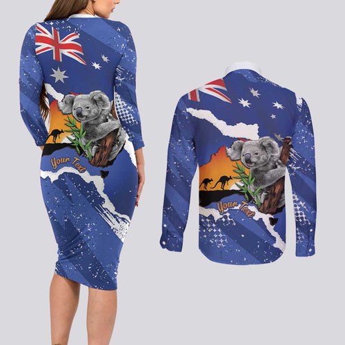 Koala Australia Personalised Couples Matching Long Sleeve Bodycon Dress and Long Sleeve Button Shirt Aussie Map Flag Color Grunge Pattern