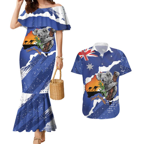 Koala Australia Personalised Couples Matching Mermaid Dress and Hawaiian Shirt Aussie Map Flag Color Grunge Pattern