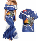 Koala Australia Personalised Couples Matching Mermaid Dress and Hawaiian Shirt Aussie Map Flag Color Grunge Pattern