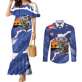 Koala Australia Personalised Couples Matching Mermaid Dress and Long Sleeve Button Shirt Aussie Map Flag Color Grunge Pattern