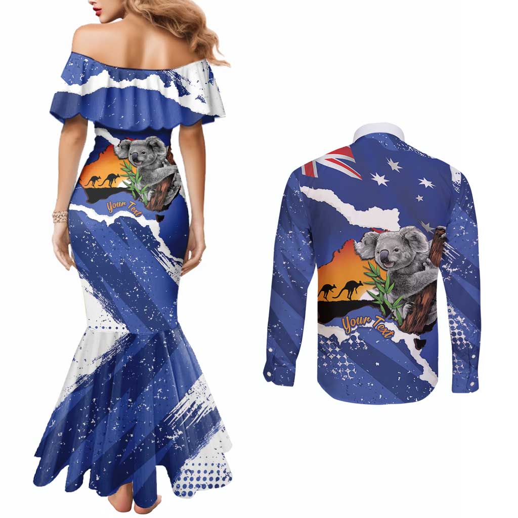 Koala Australia Personalised Couples Matching Mermaid Dress and Long Sleeve Button Shirt Aussie Map Flag Color Grunge Pattern