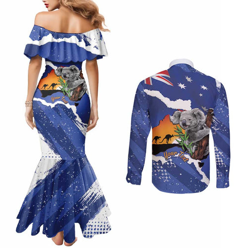 Koala Australia Personalised Couples Matching Mermaid Dress and Long Sleeve Button Shirt Aussie Map Flag Color Grunge Pattern