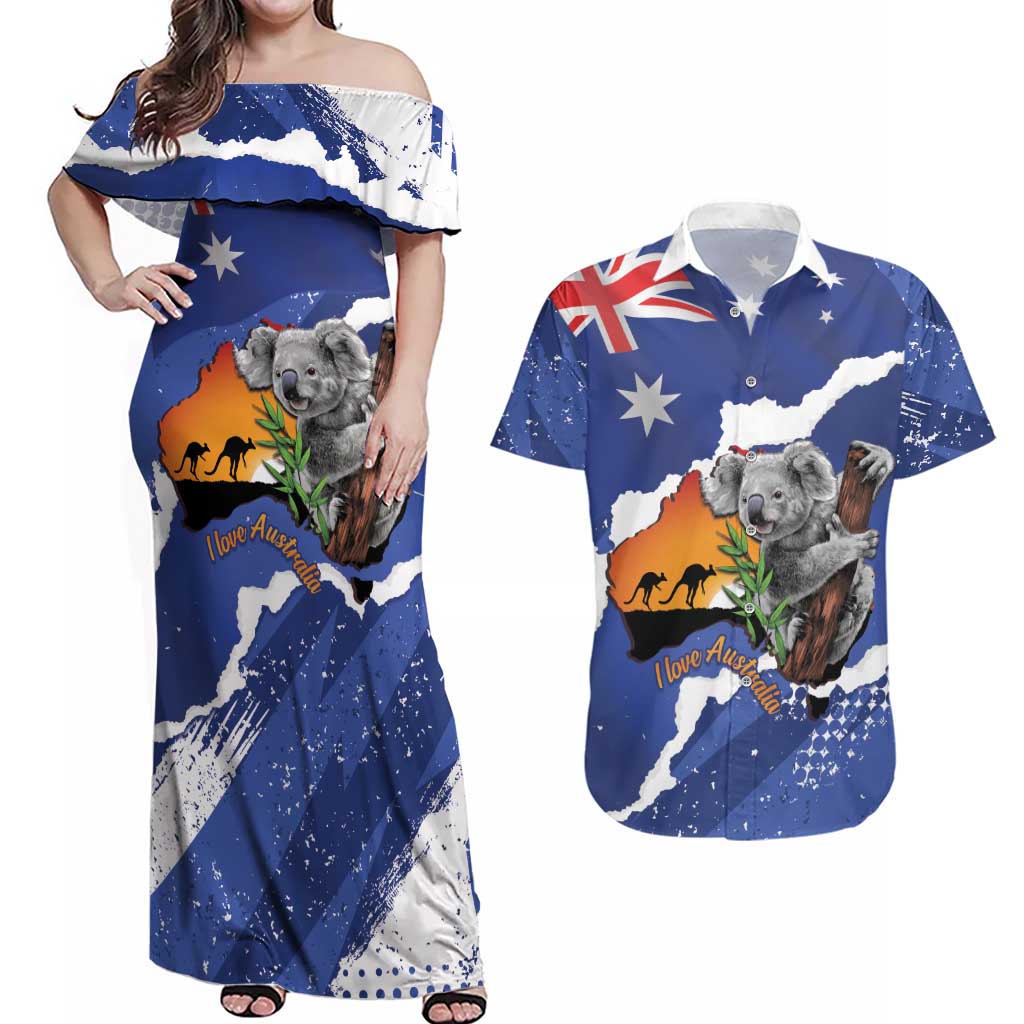 Koala Australia Personalised Couples Matching Off Shoulder Maxi Dress and Hawaiian Shirt Aussie Map Flag Color Grunge Pattern