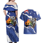 Koala Australia Personalised Couples Matching Off Shoulder Maxi Dress and Hawaiian Shirt Aussie Map Flag Color Grunge Pattern