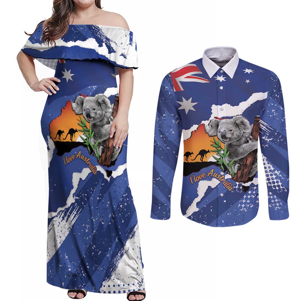 Koala Australia Personalised Couples Matching Off Shoulder Maxi Dress and Long Sleeve Button Shirt Aussie Map Flag Color Grunge Pattern