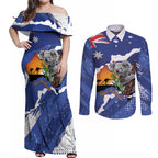 Koala Australia Personalised Couples Matching Off Shoulder Maxi Dress and Long Sleeve Button Shirt Aussie Map Flag Color Grunge Pattern