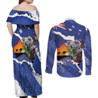 Koala Australia Personalised Couples Matching Off Shoulder Maxi Dress and Long Sleeve Button Shirt Aussie Map Flag Color Grunge Pattern