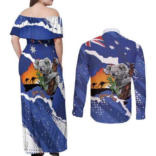 Koala Australia Personalised Couples Matching Off Shoulder Maxi Dress and Long Sleeve Button Shirt Aussie Map Flag Color Grunge Pattern