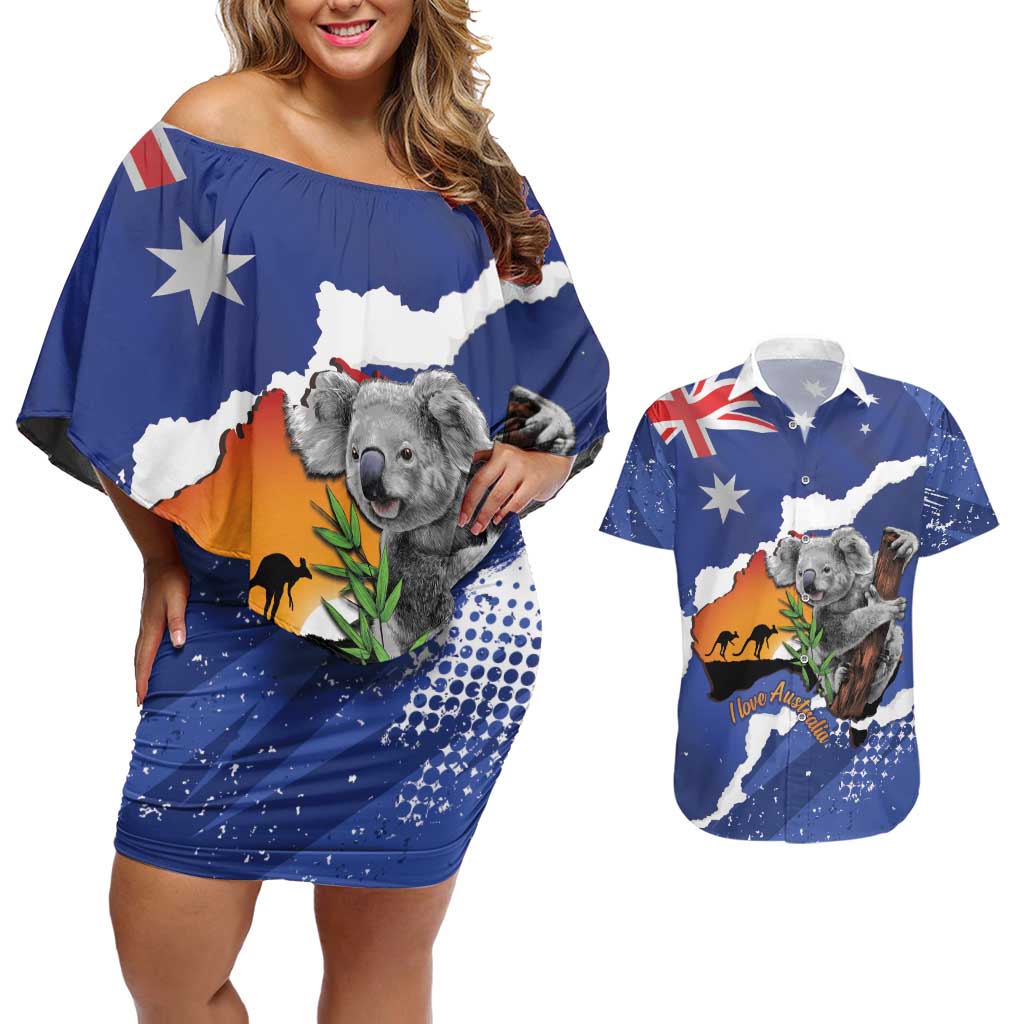 Koala Australia Personalised Couples Matching Off Shoulder Short Dress and Hawaiian Shirt Aussie Map Flag Color Grunge Pattern