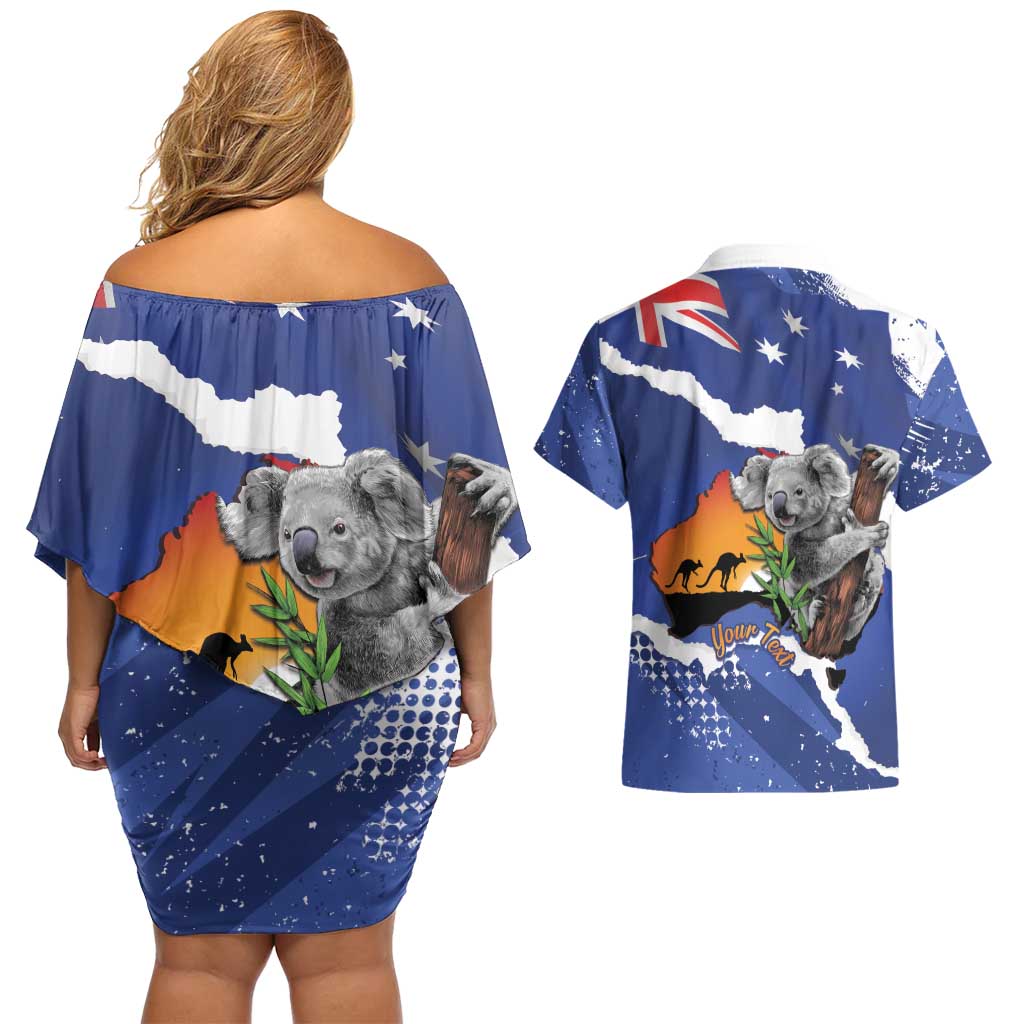 Koala Australia Personalised Couples Matching Off Shoulder Short Dress and Hawaiian Shirt Aussie Map Flag Color Grunge Pattern