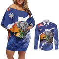Koala Australia Personalised Couples Matching Off Shoulder Short Dress and Long Sleeve Button Shirt Aussie Map Flag Color Grunge Pattern