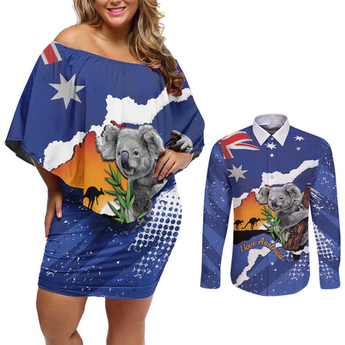 Koala Australia Personalised Couples Matching Off Shoulder Short Dress and Long Sleeve Button Shirt Aussie Map Flag Color Grunge Pattern