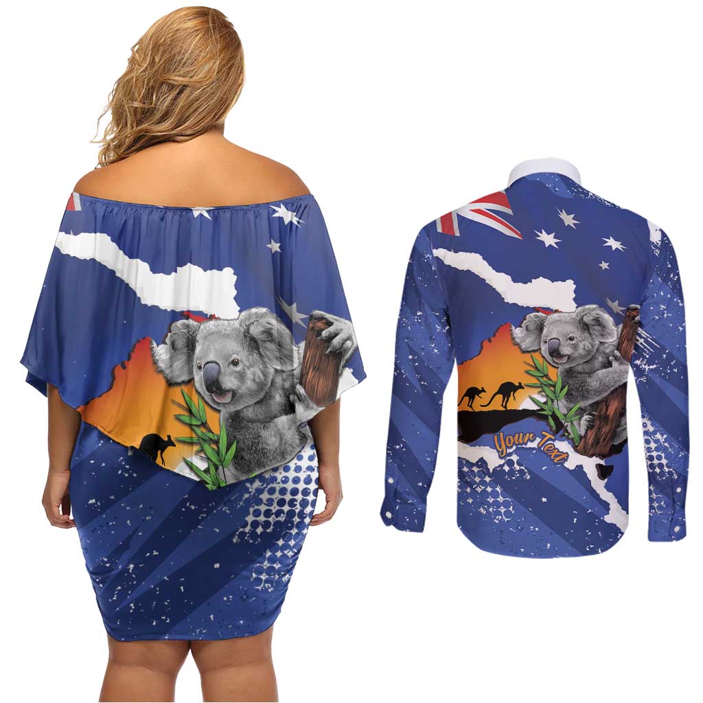 Koala Australia Personalised Couples Matching Off Shoulder Short Dress and Long Sleeve Button Shirt Aussie Map Flag Color Grunge Pattern