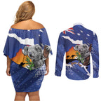 Koala Australia Personalised Couples Matching Off Shoulder Short Dress and Long Sleeve Button Shirt Aussie Map Flag Color Grunge Pattern