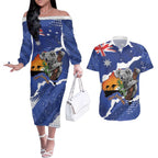 Koala Australia Personalised Couples Matching Off The Shoulder Long Sleeve Dress and Hawaiian Shirt Aussie Map Flag Color Grunge Pattern