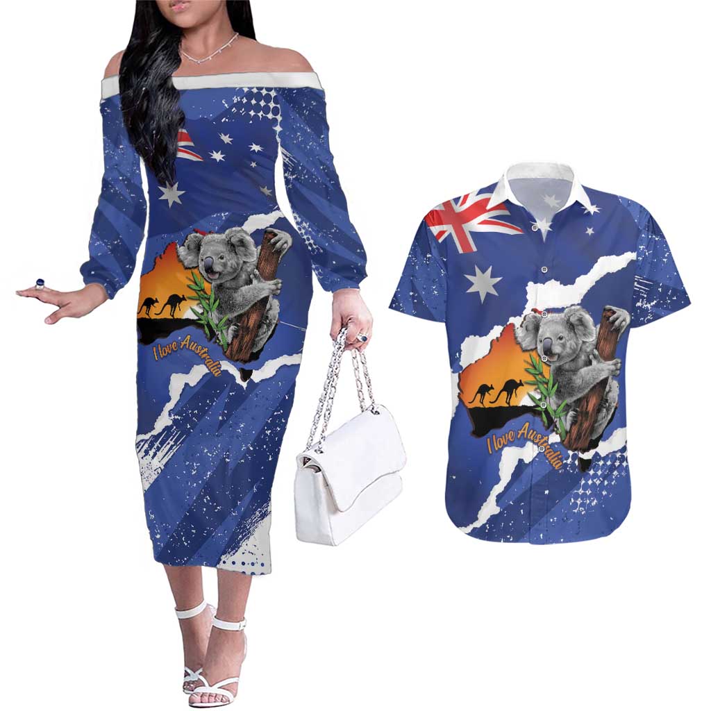 Koala Australia Personalised Couples Matching Off The Shoulder Long Sleeve Dress and Hawaiian Shirt Aussie Map Flag Color Grunge Pattern
